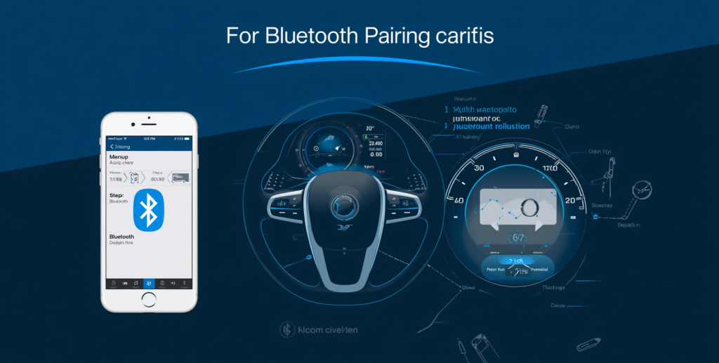 Illustration showing Bluetooth pairing between a smartphone and a car dashboard system.