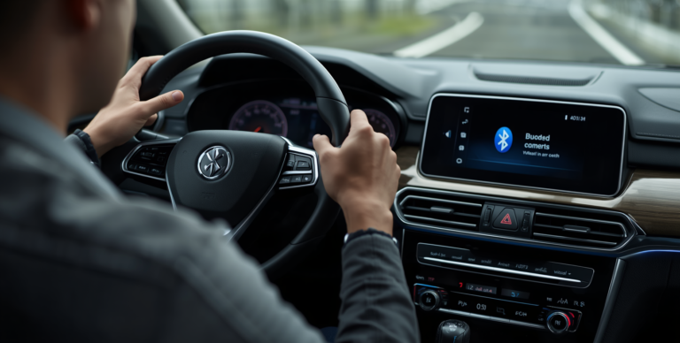 Driver using a car’s Bluetooth not connecting to car infotainment system in a modern vehicle.