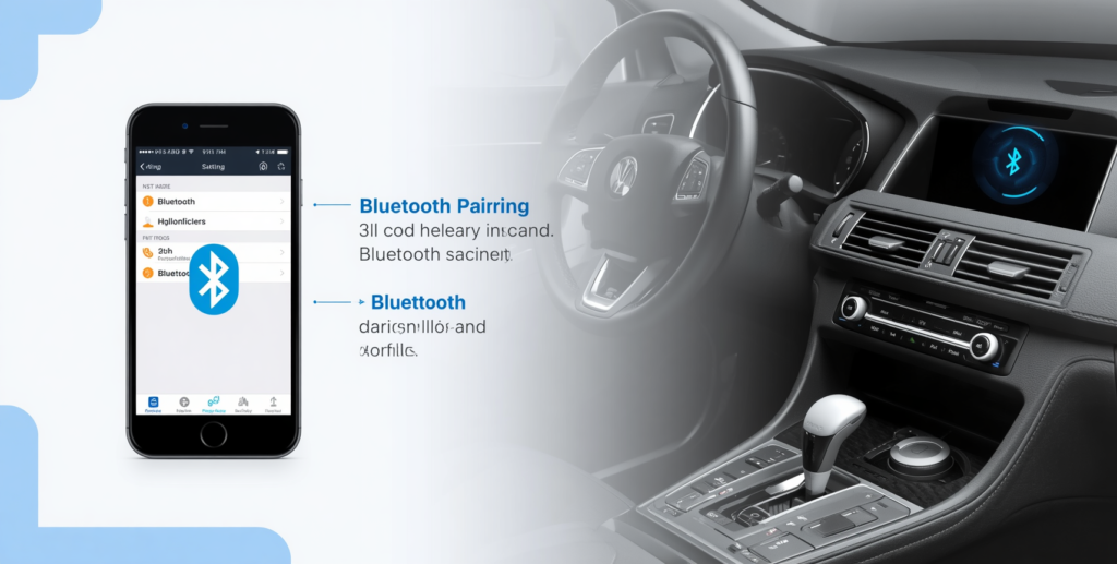 Smartphone paired with a car infotainment system using Bluetooth.