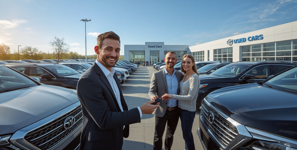 Salesperson handing car keys to a happy couple at a dealership, showcasing used car dealerships near me with rows of pre-owned vehicles.