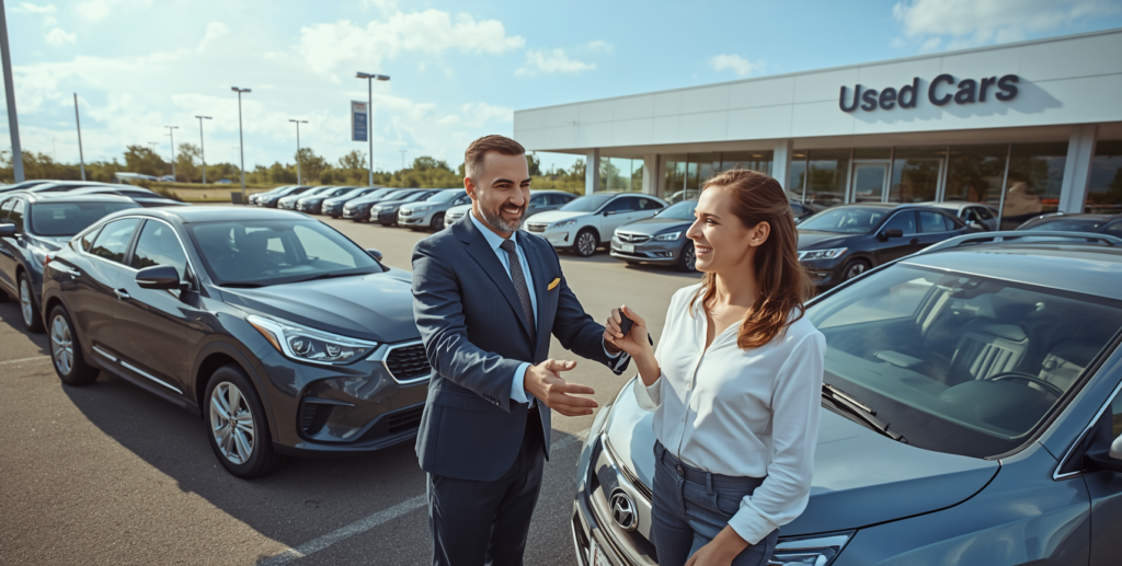 Customer receiving car keys from a salesperson outside a dealership, representing used car dealerships near me with a selection of pre-owned cars.