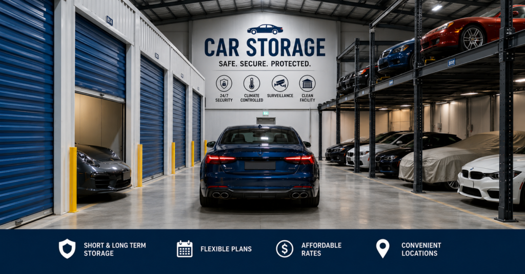 Different car storage near me options, including outdoor parking, indoor vehicle storage, and covered car storage facilities for secure automobile protection.