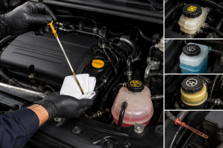 How to Check Car Fluids Before They Ruin Your Engine – checking engine oil dipstick and essential car fluid reservoirs.