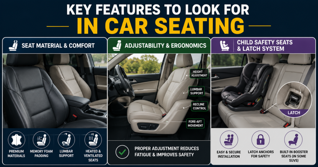 Cars with Seats featuring key seating features, comfort, adjustability, and child safety options.