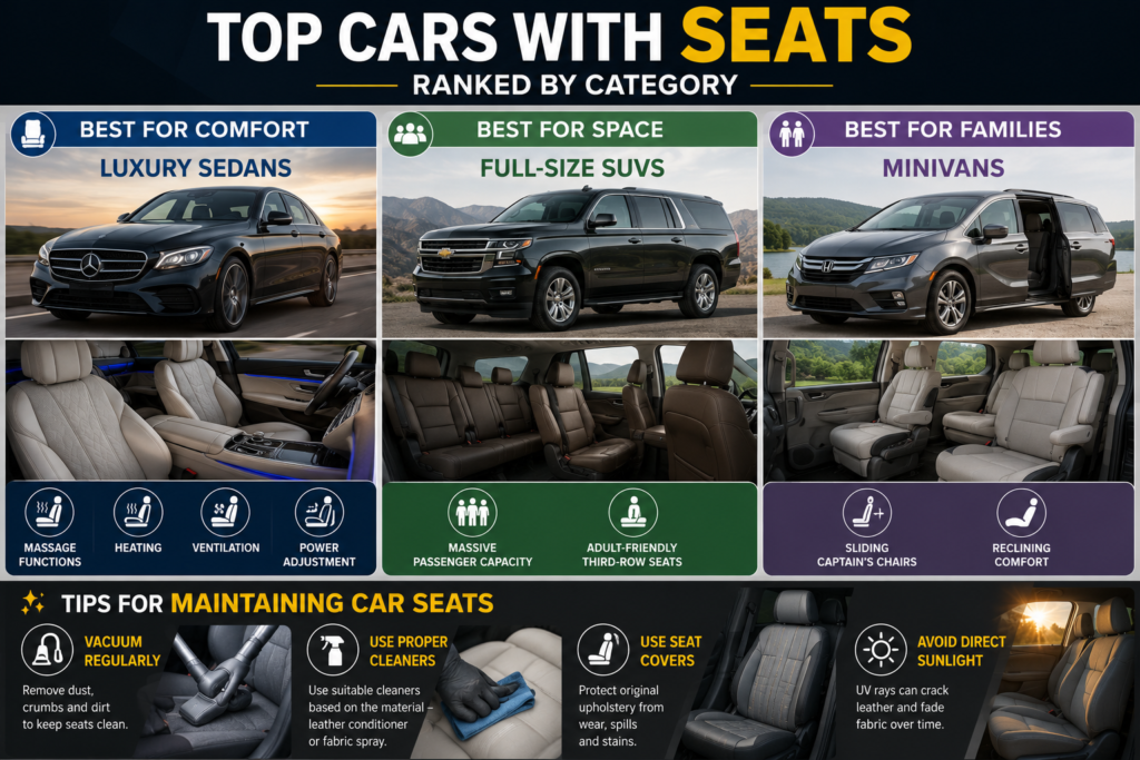 Cars with Seats comparison featuring luxury sedans, SUVs, and minivans for comfort, space, and families.
