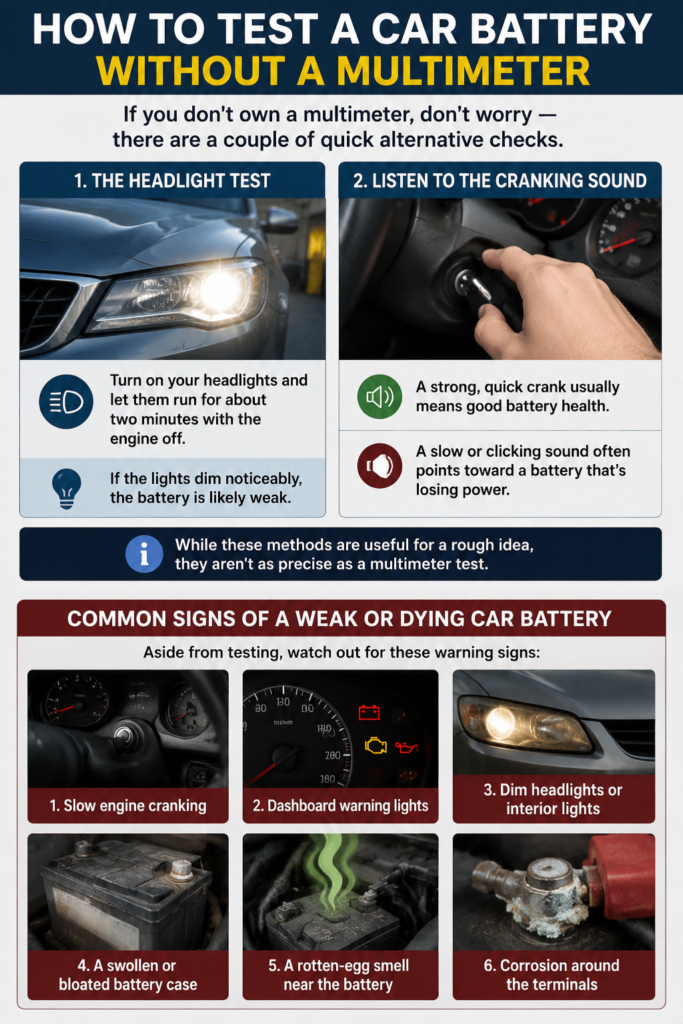 How to test car battery without a multimeter using the headlight test and cranking sound, plus common signs of a weak or dying car battery.
