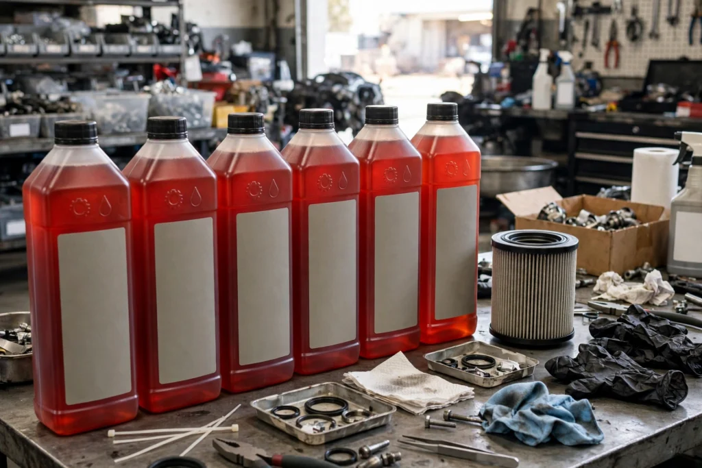 New transmission fluid bottles and a replacement transmission filter