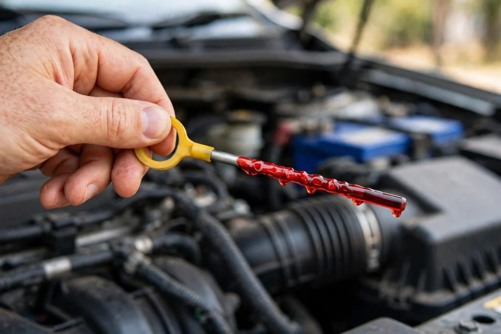 Checking transmission fluid level and color with a dipstick