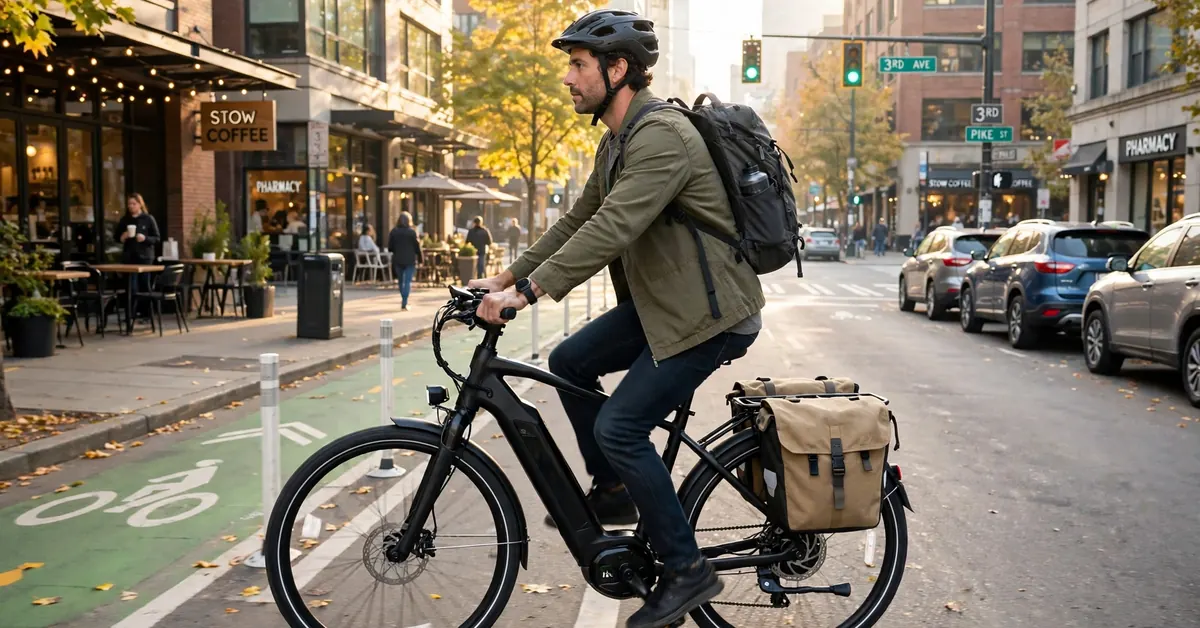 Rider on a commuter e-bike riding through a US city street