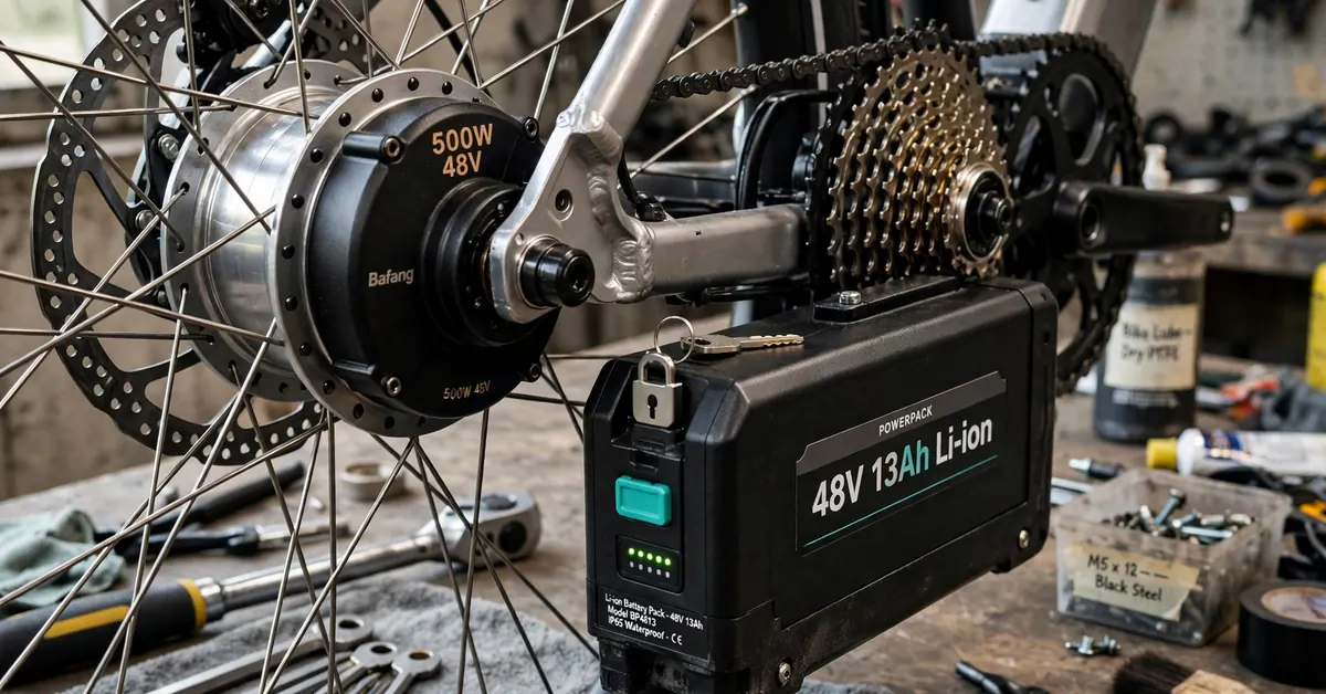 Close-up of an e-bike hub motor and removable battery for winter storage preparation