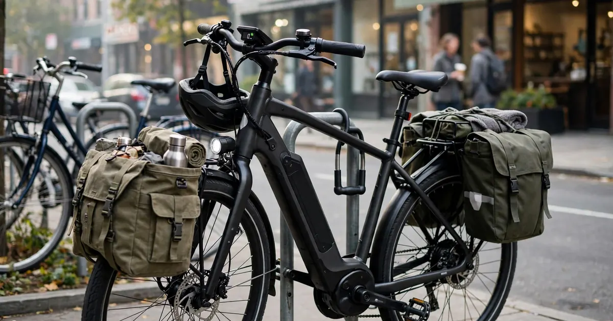 Commuter e-bike with pannier bags and a rear rack loaded for work
