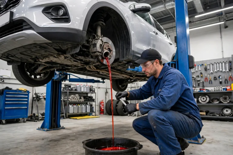 Mechanic draining old transmission fluid from a car on a lift