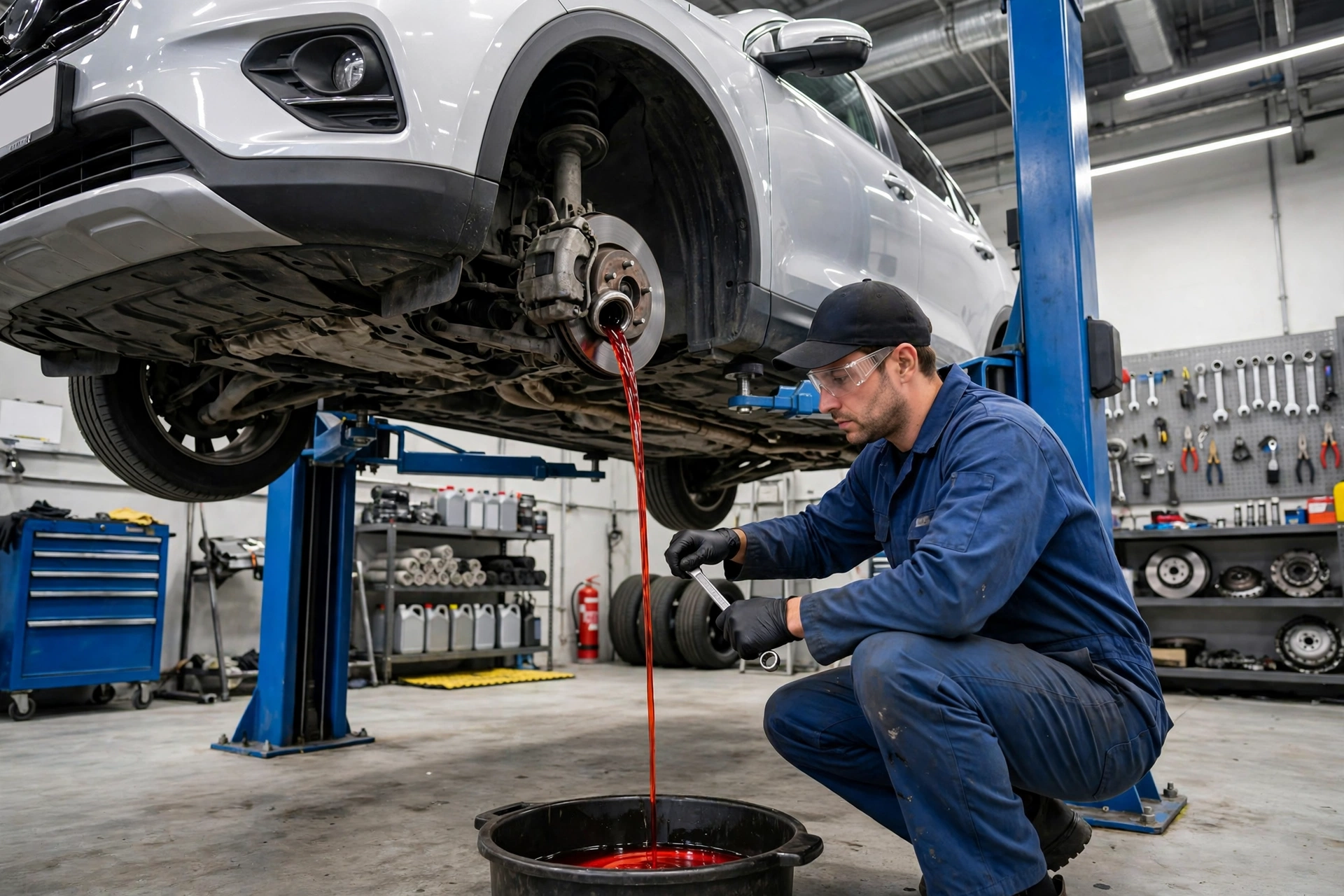 Mechanic draining old transmission fluid from a car on a lift