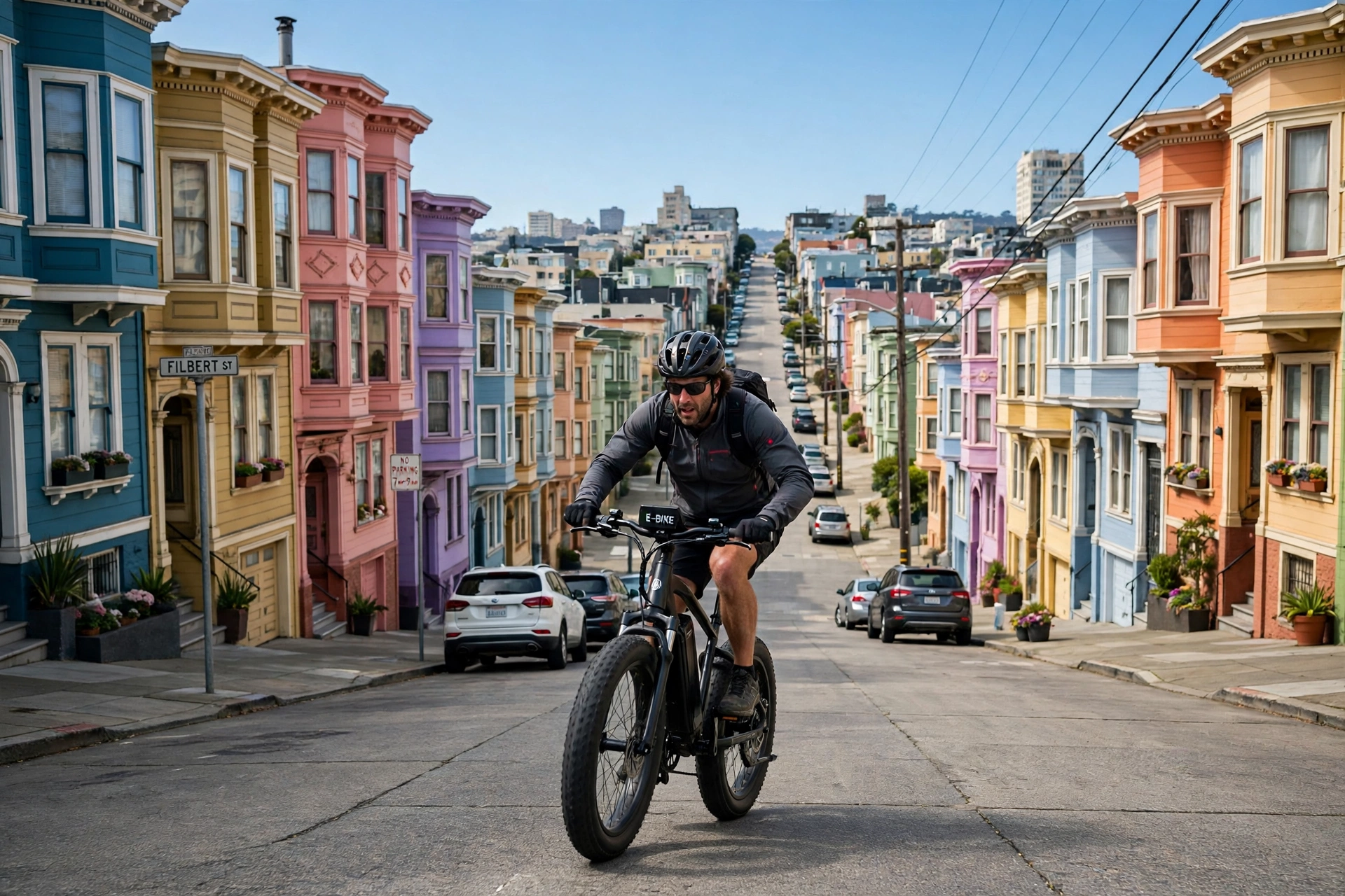electric bike rider pedaling up a steep city street