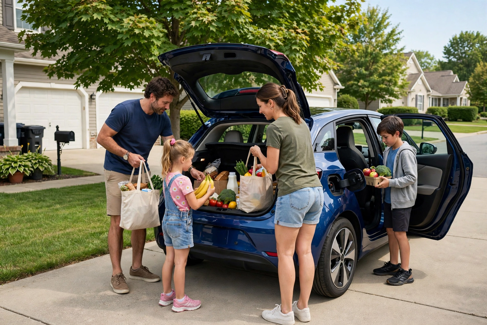 Family loading a compact electric car in a US driveway