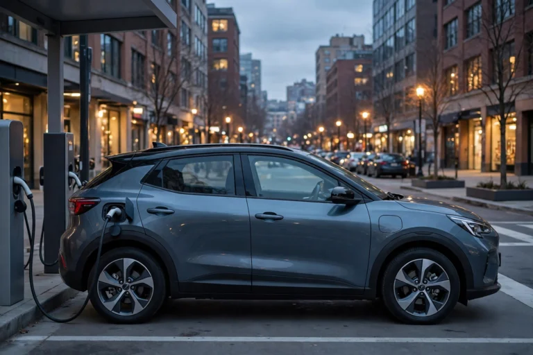 Affordable electric car at a US charging station at dusk