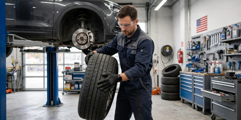 Mechanic performing tire rotation on a car in a US auto shop