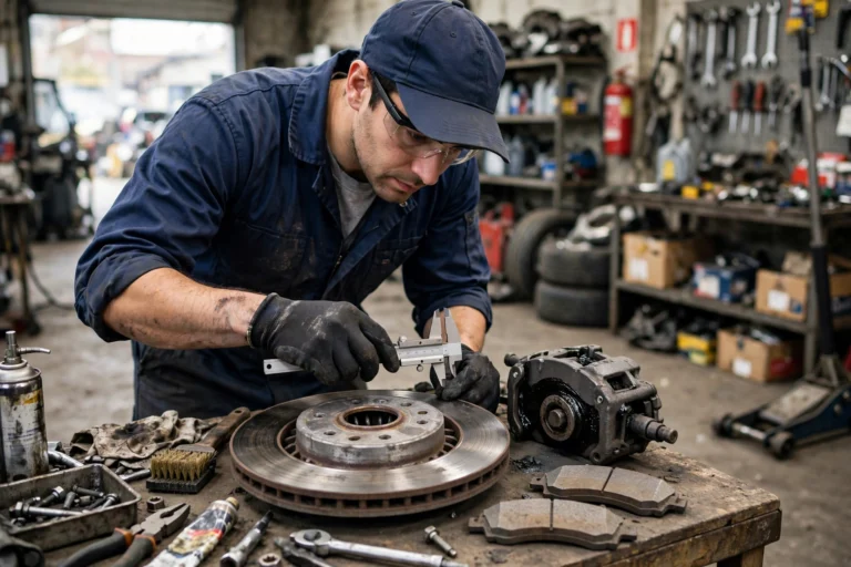 Mechanic inspecting car brake disc and caliper during a brake job