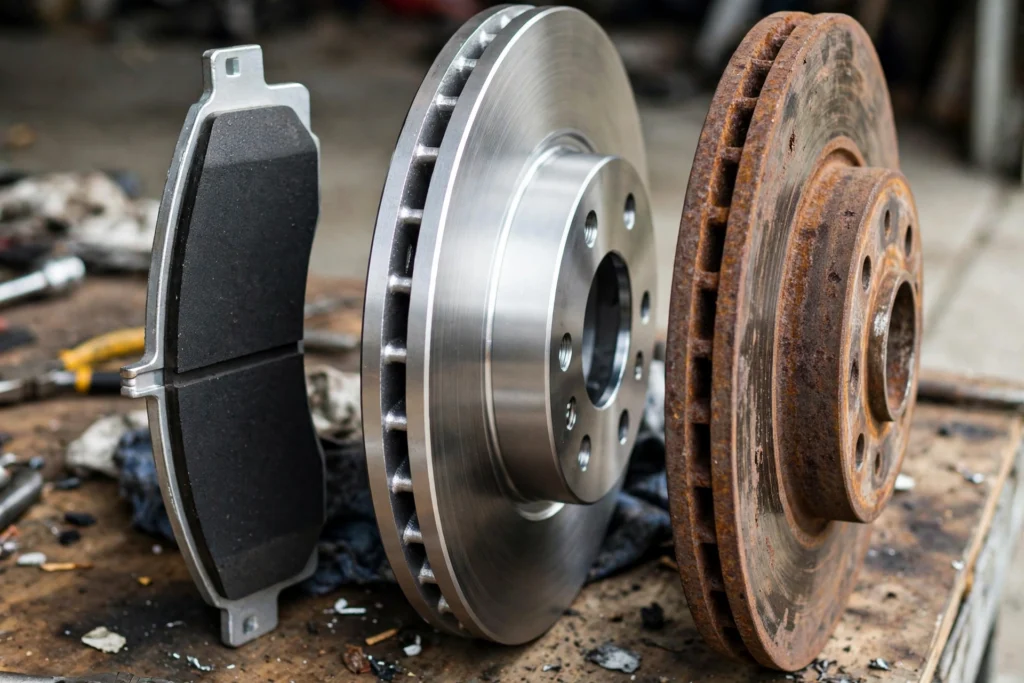 New brake pad and rotor compared with a worn rusty rotor