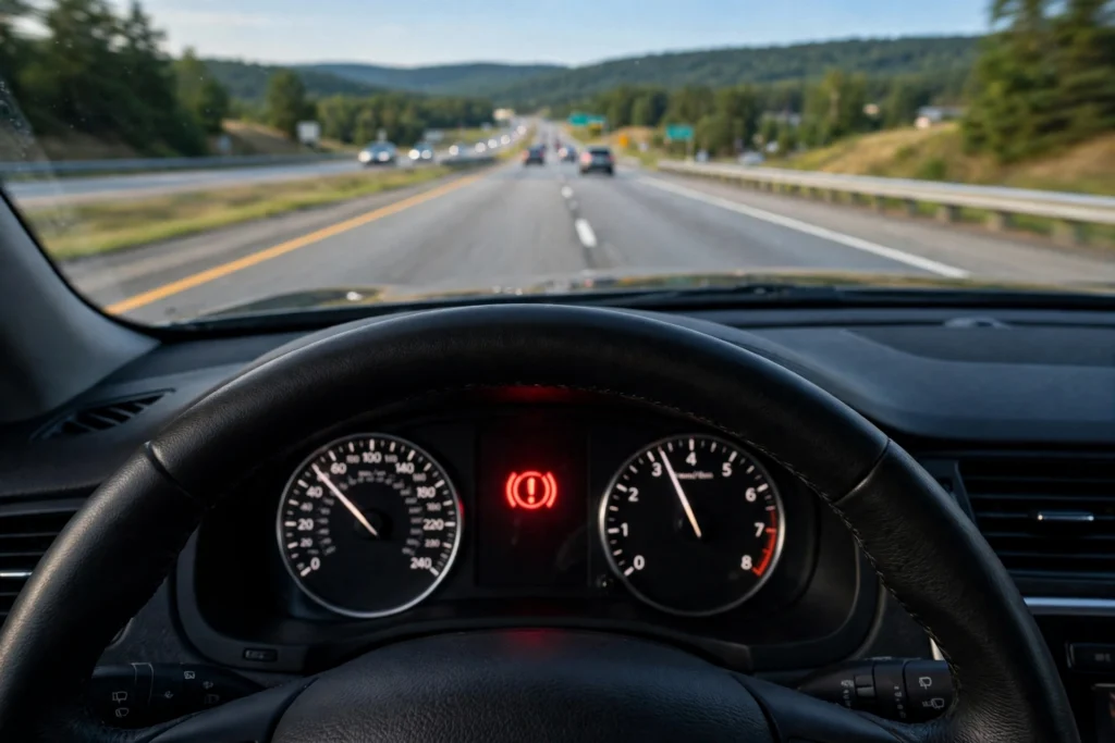 Car dashboard brake warning light illuminated while driving