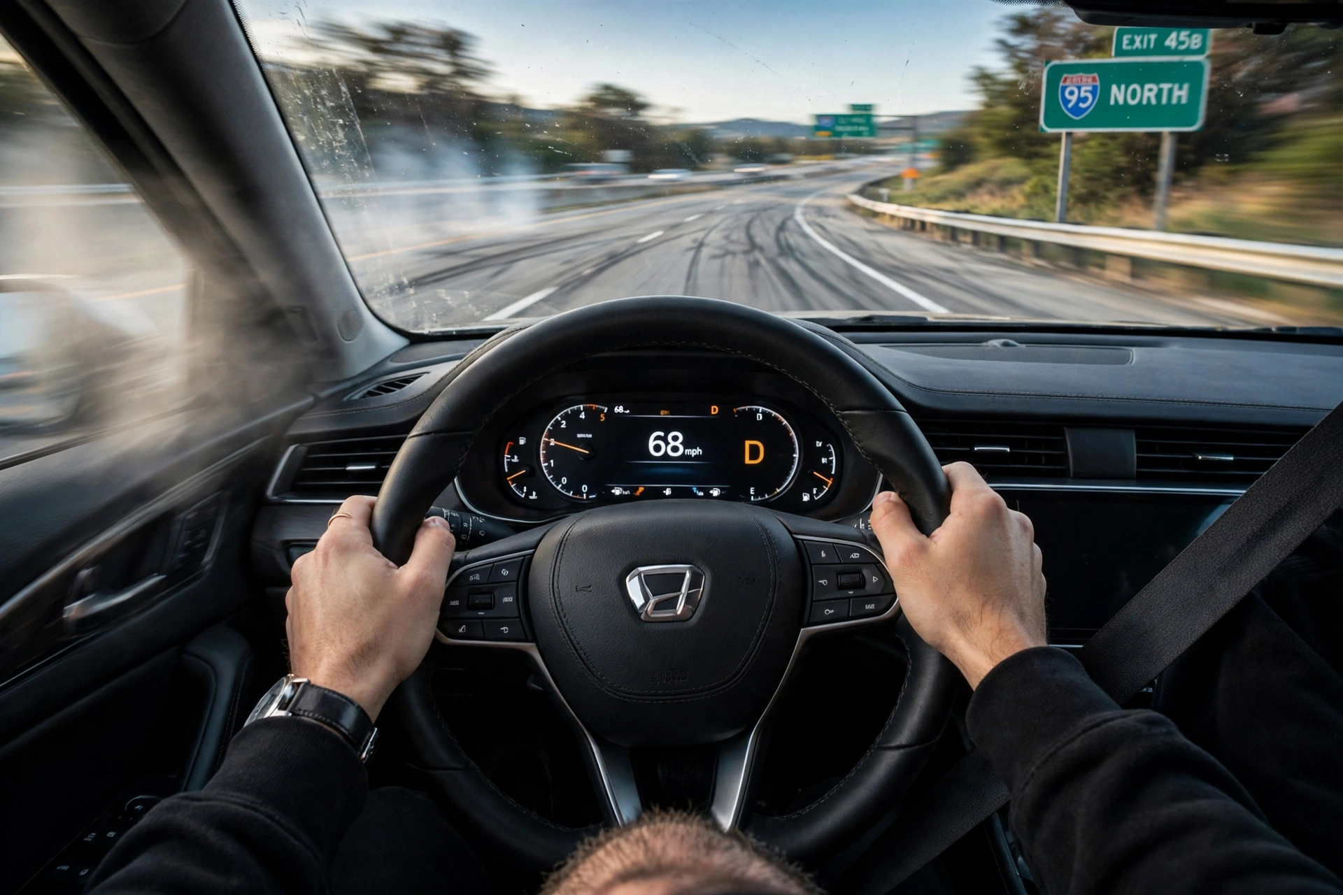 Driver holding a steering wheel straight on a US highway