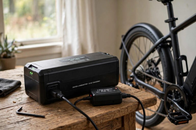 E-bike battery charging at home next to an electric bicycle