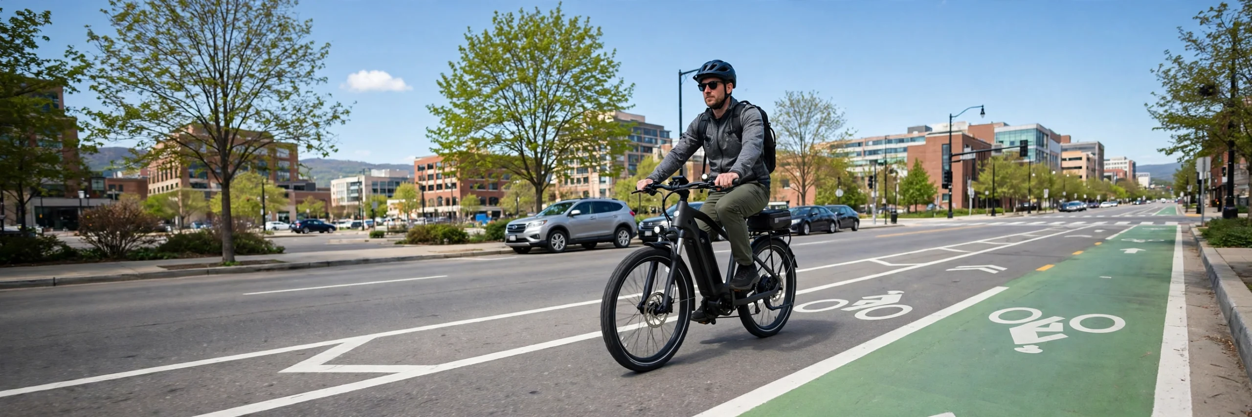Rider on an electric bike in a US city bike lane