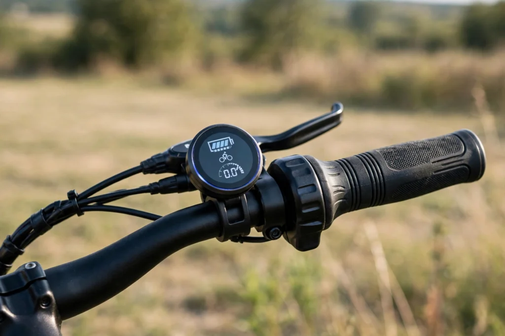 Close-up of an e-bike handlebar throttle and pedal assist display