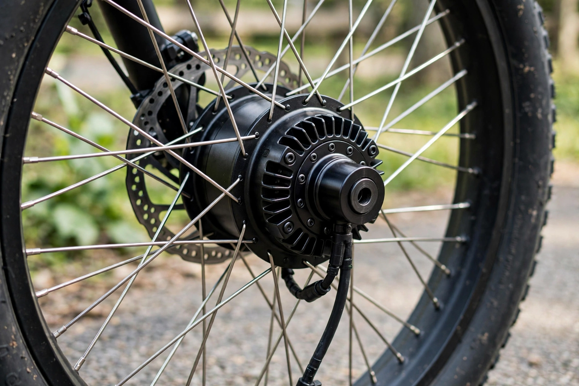 Close-up of a rear hub motor in an electric bike wheel