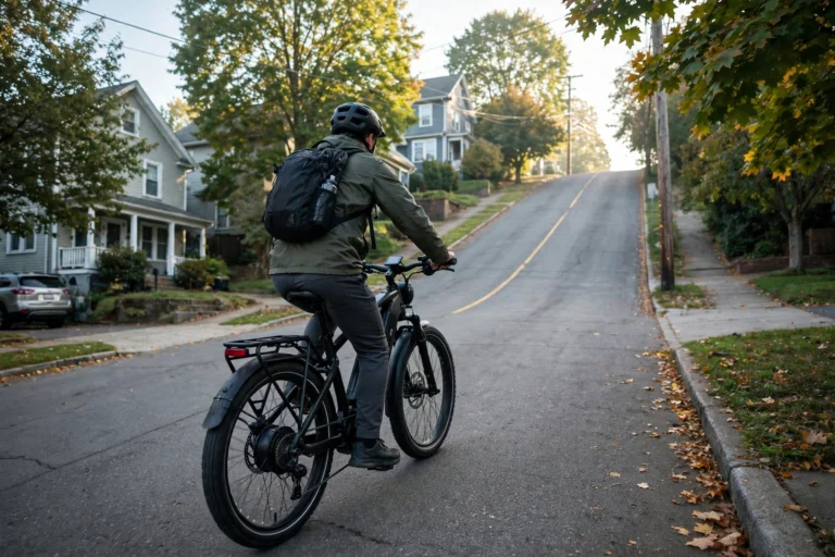 Rider on an electric bike climbing a steep hill in a US city