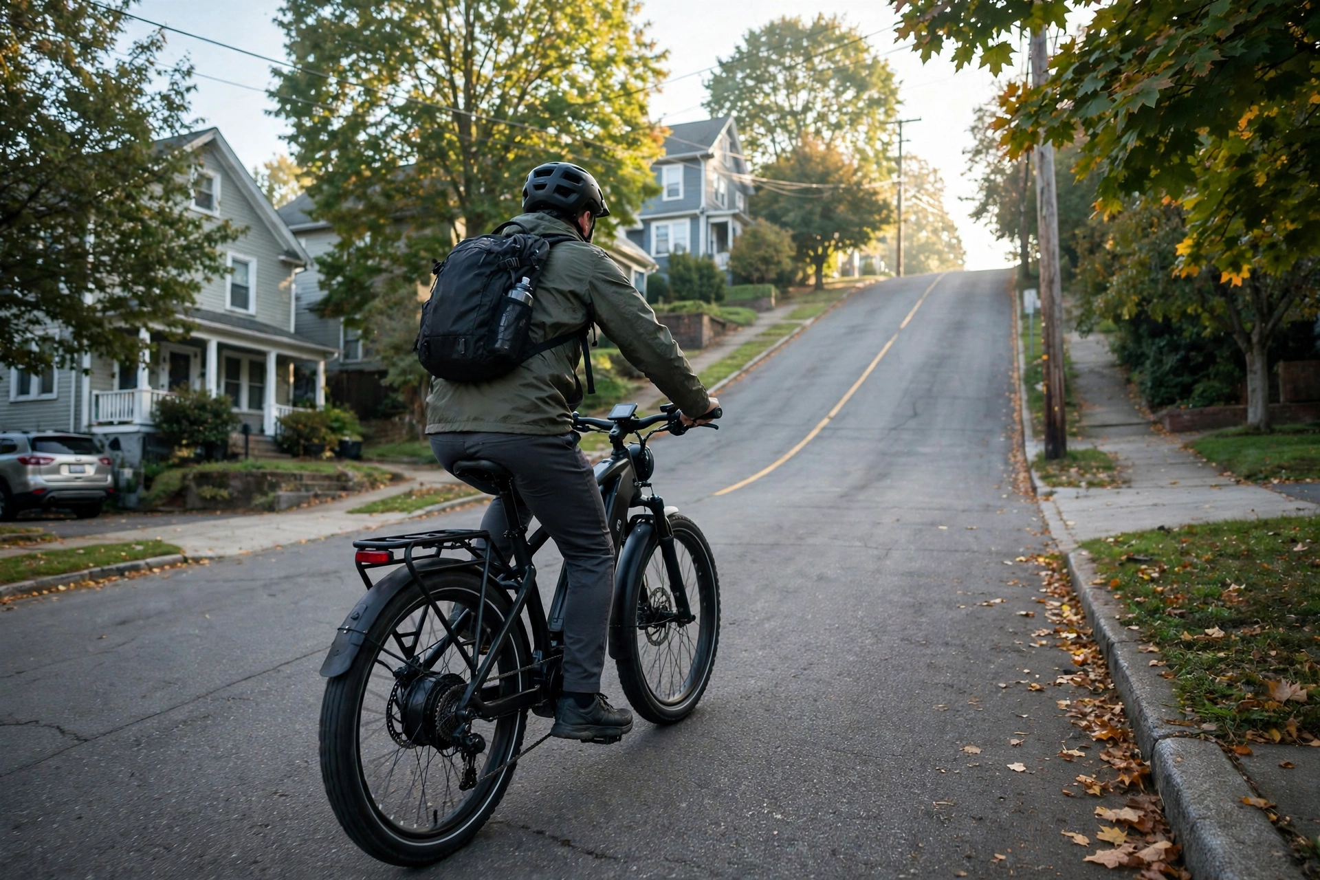 Rider on an electric bike climbing a steep hill in a US city