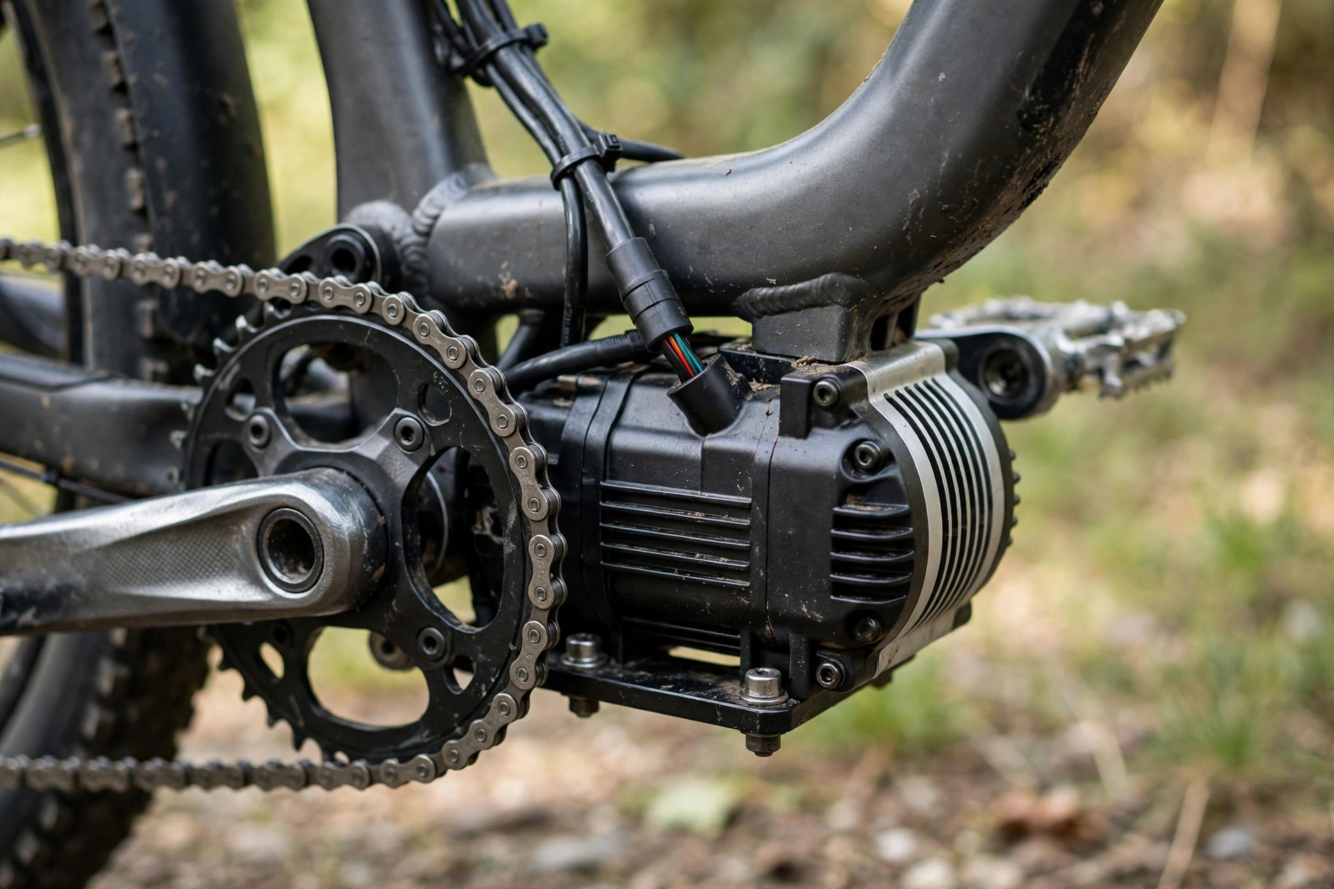 Close-up of a mid-drive motor mounted at an e-bike crank