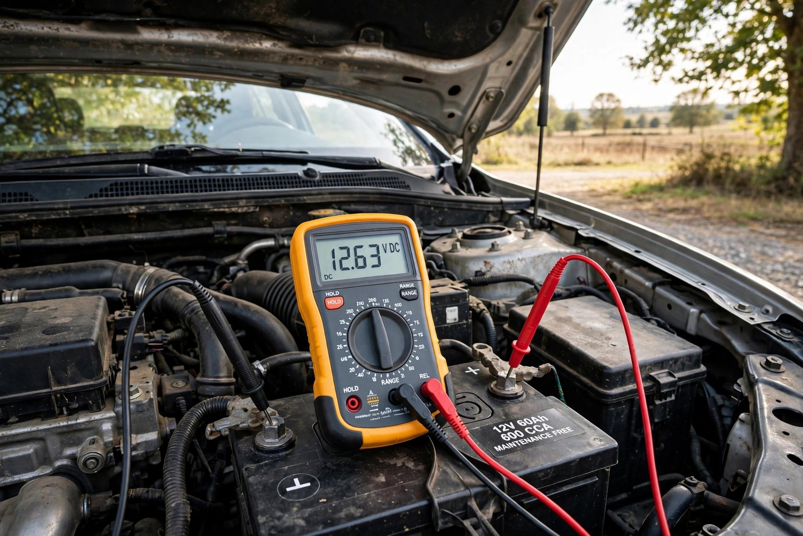 Testing a car battery voltage with a digital multimeter