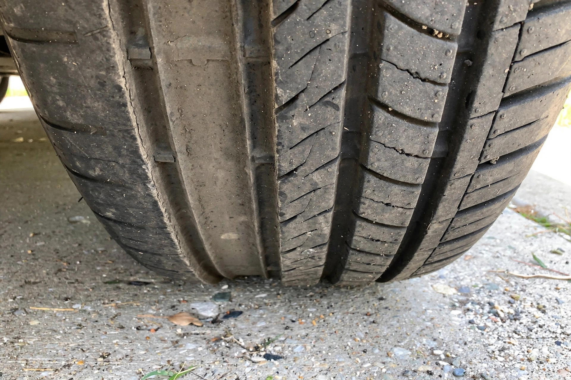 Uneven tire tread wear on a car tire caused by bad wheel alignment