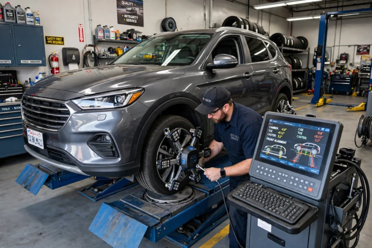 Car on a wheel alignment machine in a US auto repair shop
