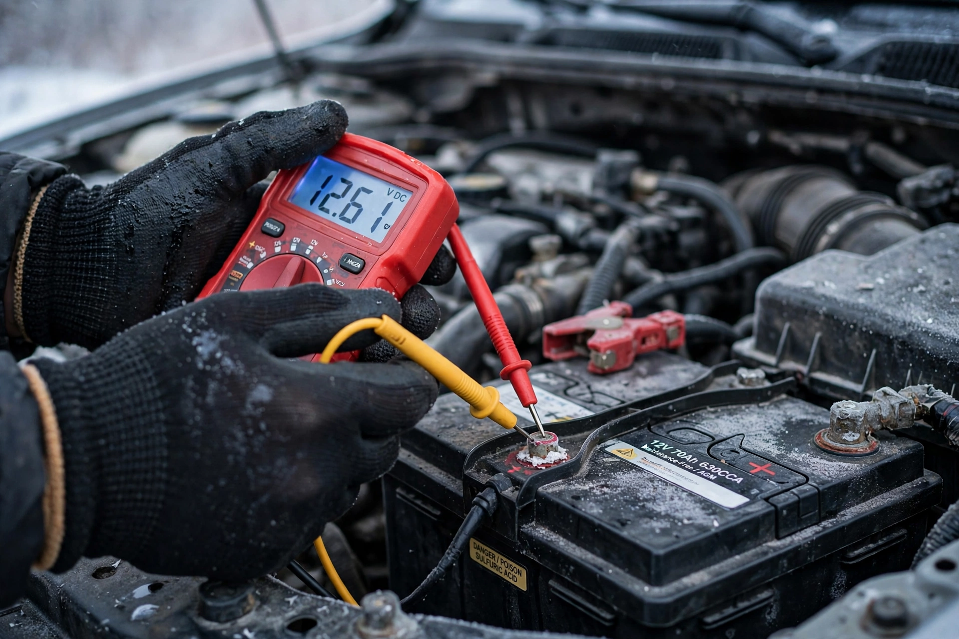 Gloved hands testing a car battery with a multimeter in winter