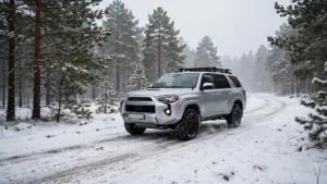 Silver SUV driving on a snow-covered winter road