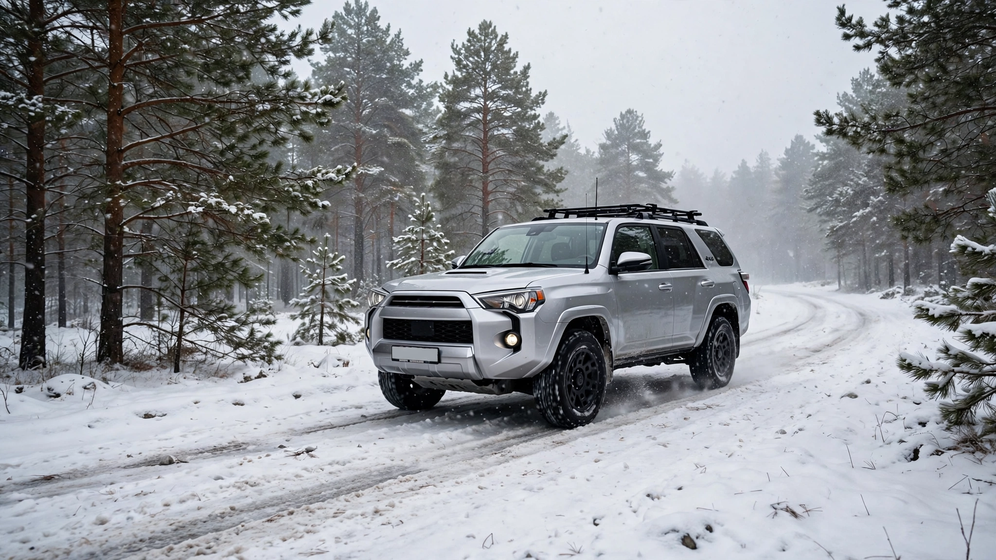 Silver SUV driving on a snow-covered winter road