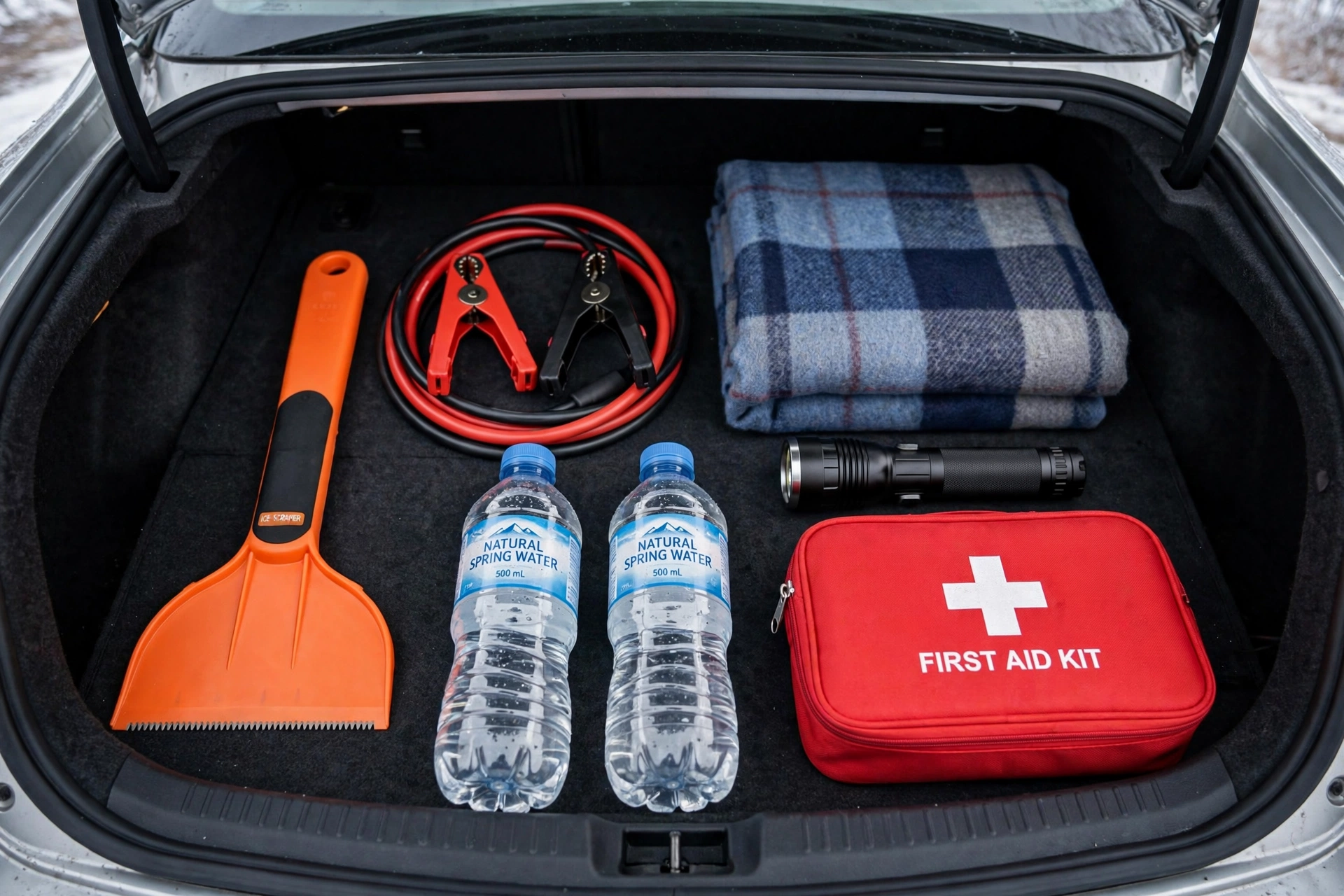 Winter car emergency kit items arranged in an open car trunk